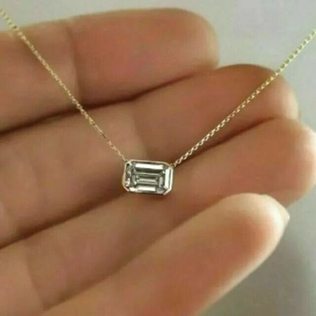 2ct Emerald Cut Simulate Diamond Solitaire Pendant Chain 14K Yellow Gold Plated 18"