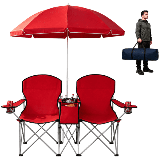 CozyBox Red Portable Double Camping Chair with Umbrella and Cooler