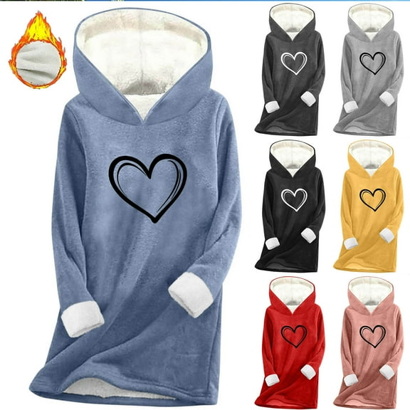 XUNKUSGA Hoodies for Women Fashion Patterned Fluffy Pullover Loose Plus Size Long Pullover Sweatshirt Soft Fleece-Lined Thickened Long Sleeved Hooded Sweatshirt with Pockets S-3XL Blue