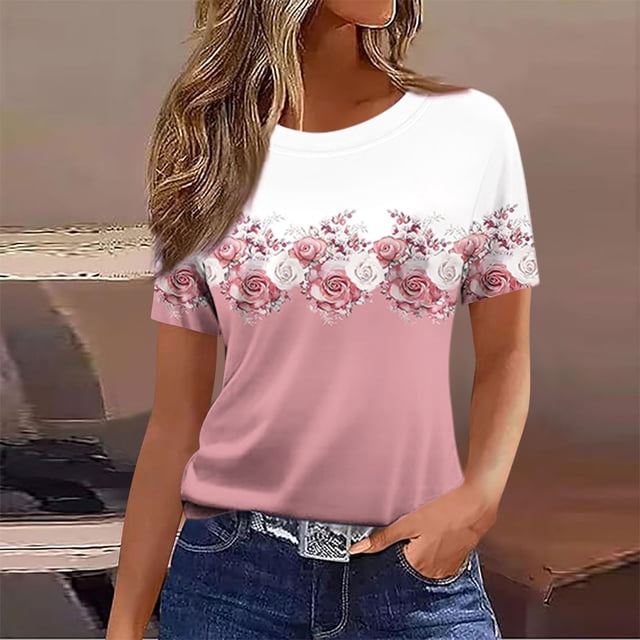 Qtocio Hauts Tendance pour Femmes, T-Shirt à Manches Courtes Col Rond Style Ample avec Imprimé Artistique Blouse d'Été Décontractée
