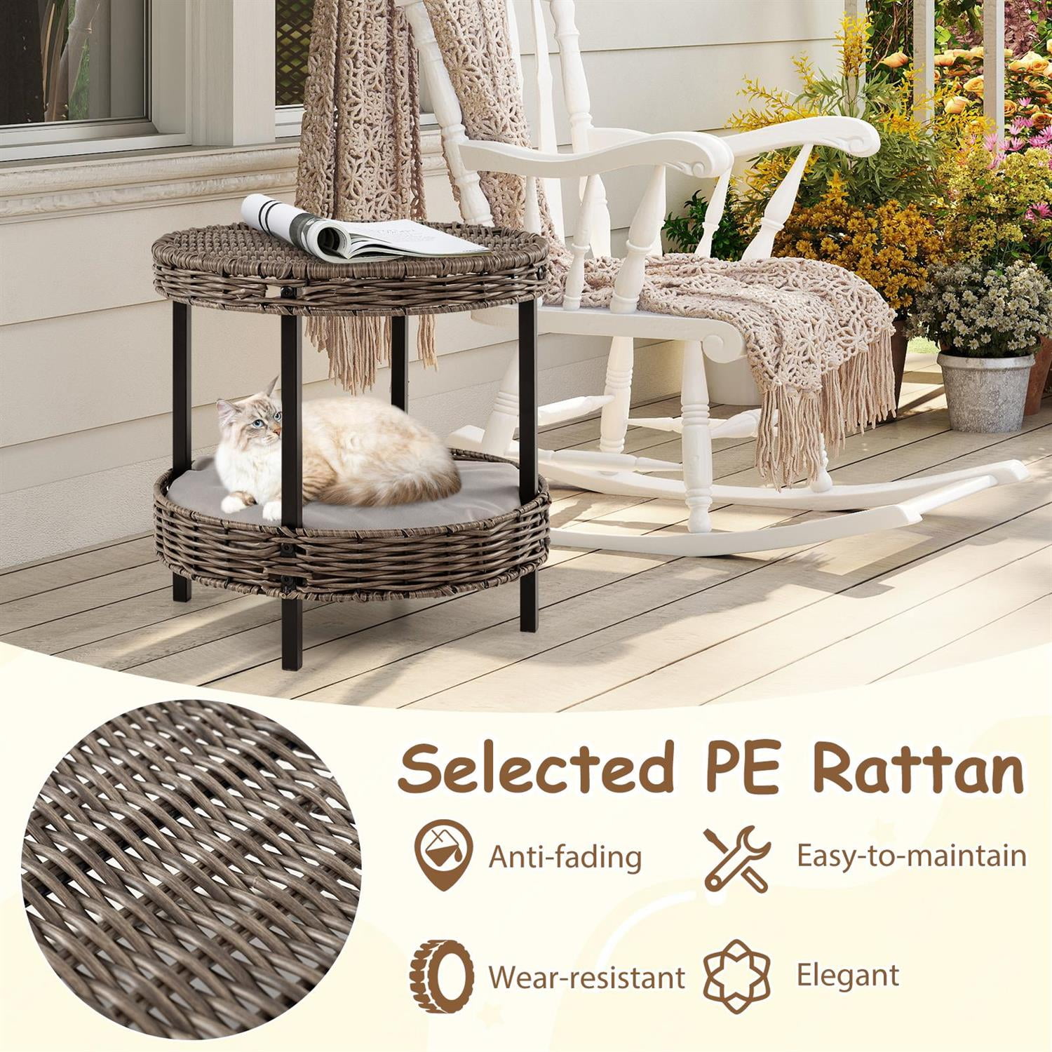 Pefilos 2-Tier Rattan Cat Nest, Removable Padded Cushion, Metal Legs & Ottoman Design, Gray