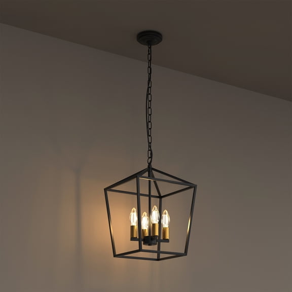 YANSUN 4-Light Black and Gold Farmhouse Lantern Pendant Light for Dining Room, Kitchen Island, Living Room