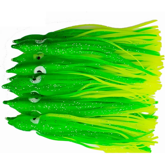 18cm Octopus Fishing Lures Squid Skirt Bait Glow in Dark Luminous Soft Trolling Fishing Lure Saltwater Green Yellow (20pcs)