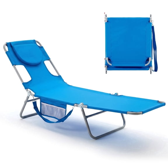 SHOUFTW Folding Lounge Chair, Portable Beach Chair with Adjustable Backrest, Steel Frame Outdoor Reclining Chair for Camping, Picnic, Backyard, Blue