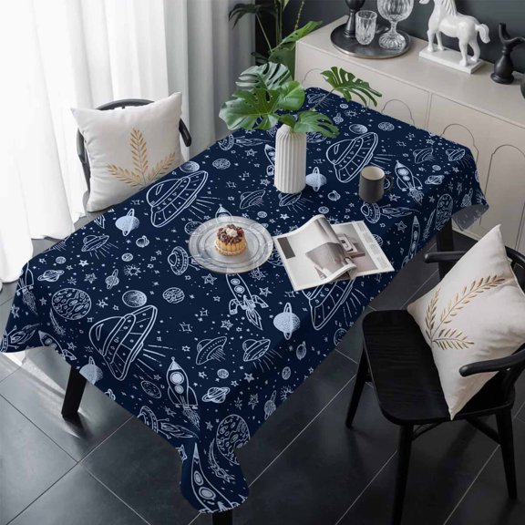 Navy Blue Cartoon Space Table Cloth Waterproof Tablecloths, Star Spacecraft Rocket Meteorite Tablecloth Dining Table Cover for Kitchen Party Tabletop Outdoor, Rectangle Tablecloth 54x108 Inch