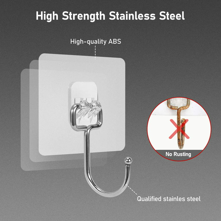 Adhesive Hooks for Hanging Heavy-Duty 25Ib(Max), 8 Pack Large Wall Hooks  Removable Stainless Steel for Towel and Coats, Waterproof and Rustproof