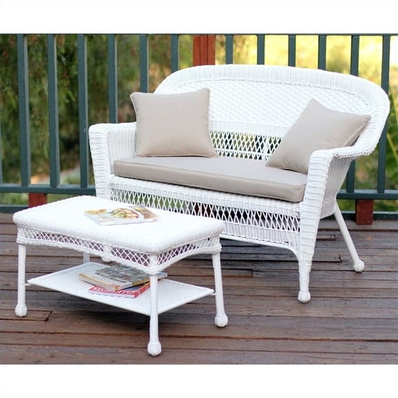 Jeco Wicker Patio Love Seat and Coffee Table Set in White with Tan Cushion