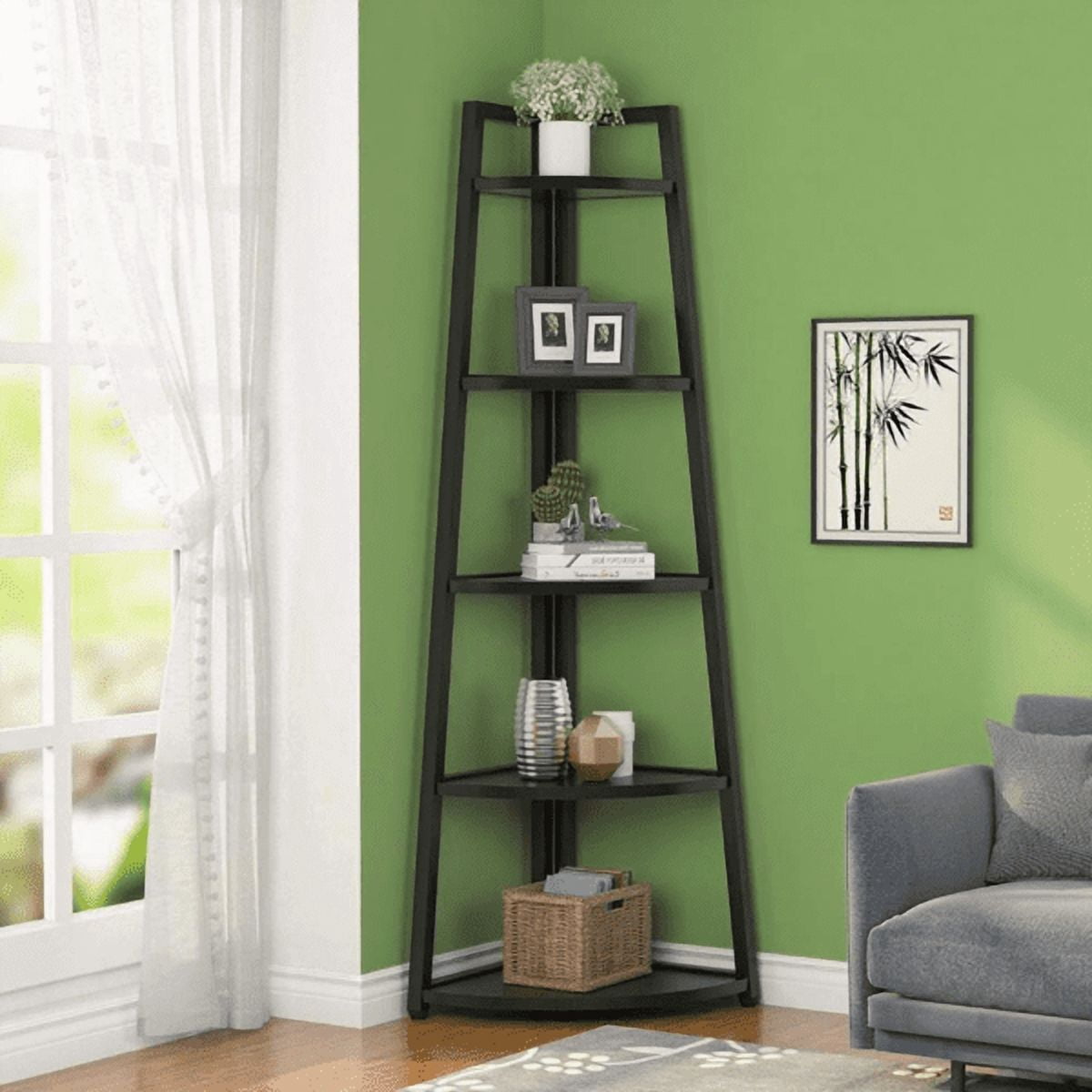 5-Tier Corner Shelf, Sturdy Metal Frame (50lbs/Shelf), E1 Particle Board, Space-Saving for Living Room, Bedroom, Bathroom