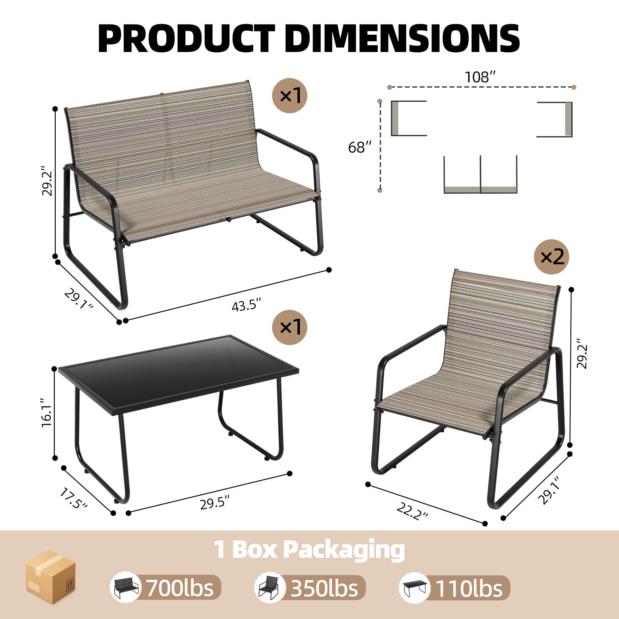 ALAULM 4 Pieces Outdoor Furniture Set All Weather Textile Fabric Patio Conversation Set w/Coffee Table, Loveseat, 2 Single Chairs for Patio, Yard, Garden, Lawn(Brown)