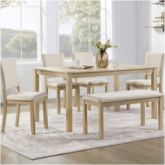 6-Piece Dining Table Set with Bench and 4 Chairs, Light Oak & Beige, Modern Farmhouse Kitchen Table Set for Dining Room, Easy Assembly