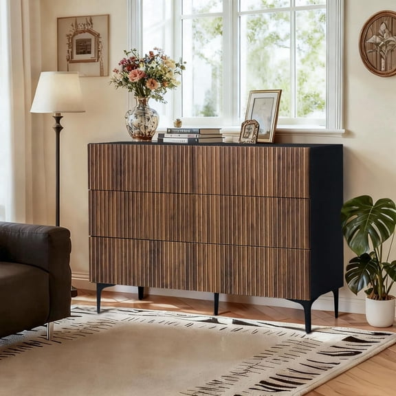 Walnut Drawers Dresser, Fluted Chest of 6 Drawers Dresser TV Stand Wood Storage Organizer for Bedroom, Living Room, Hallway