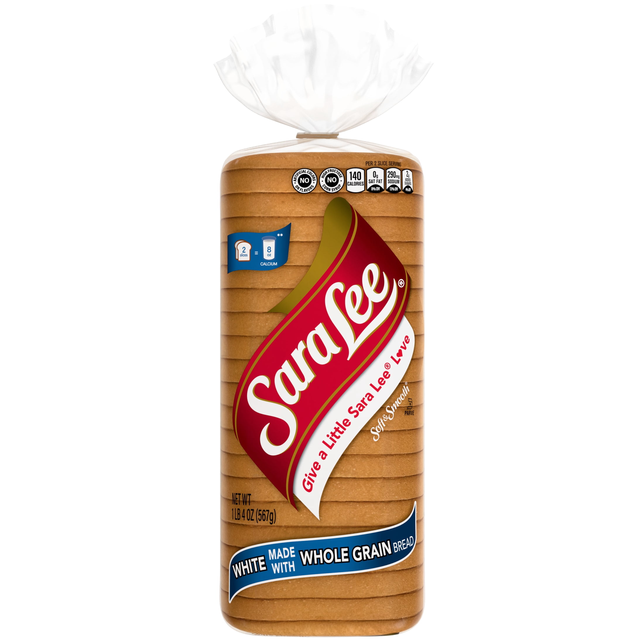 Sara Lee White made with Whole Grain Bread, 20 oz, Plain Wheat Bread, Bag