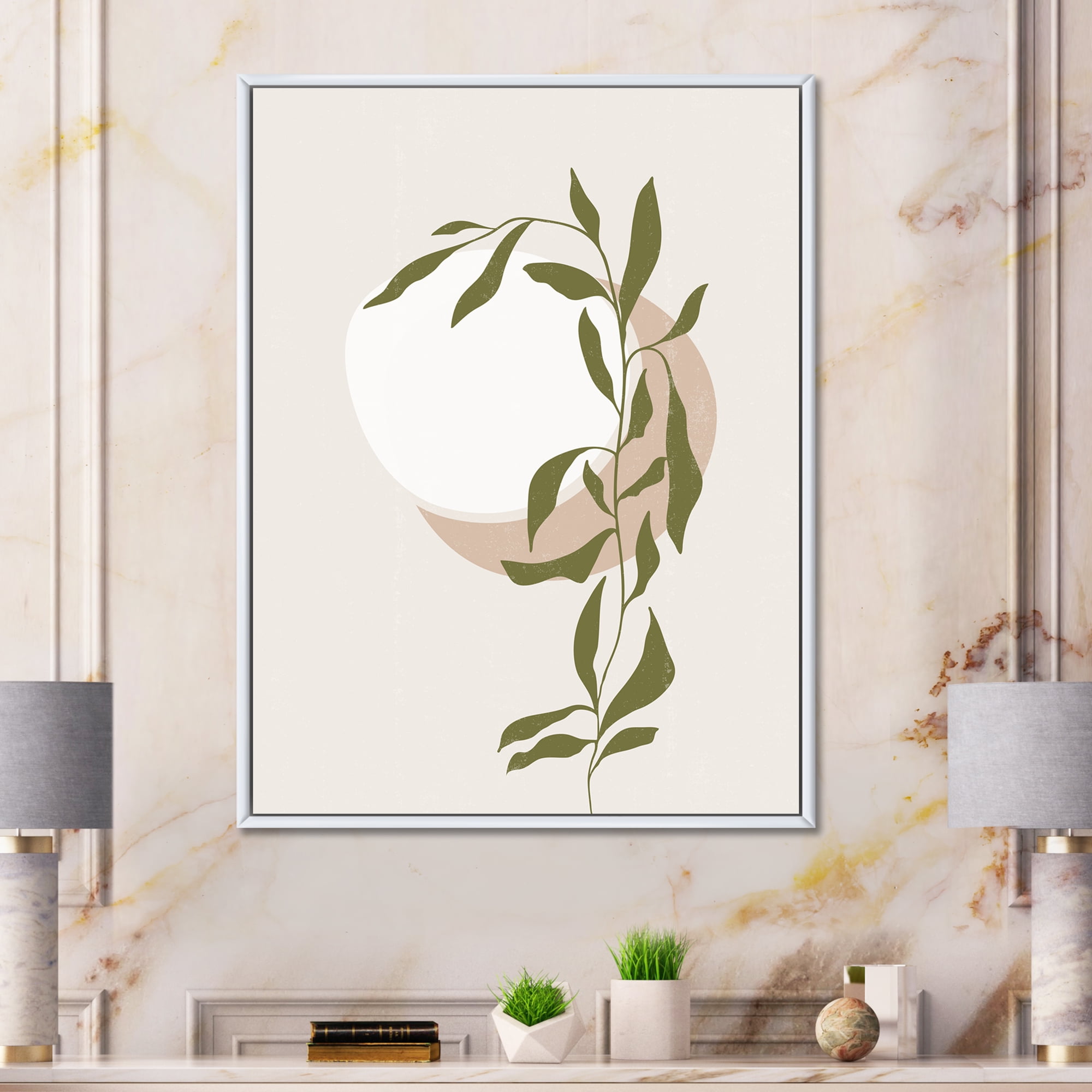 Designart 'Abstract Moon and Sun With Green Leaf III' Modern Framed Canvas Wall Art Print