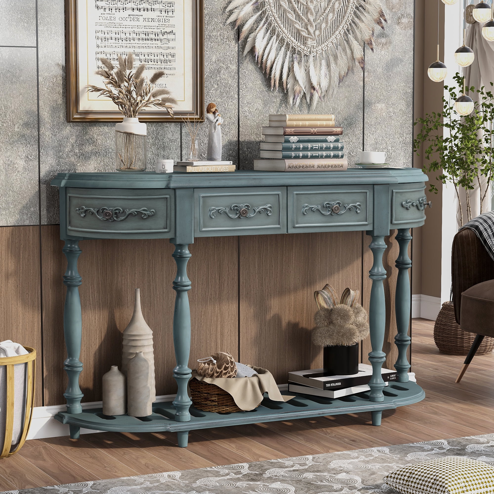 EUROCO 52" Longer Curved Console Table, Half Moon Sofa Table Entry Table with 4 Drawers,1 Open Shelf and Solid Wooden Frame for Living Room,Entryway,Hallway,Antique Blue