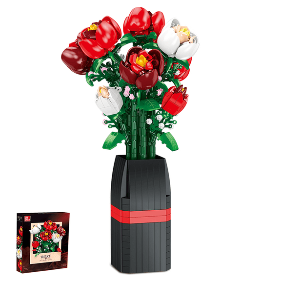 Roses Flower Bouquet Building Kit 761pcs Red Roses Artificial Flowers with Vase for Adults Kids 6  Valentine's Day Flower Gift  Anniversary Gift