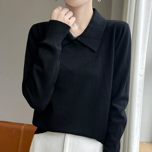 Antqov Sweaters for Women, Pullover Solid Color Lapel Collar Knit Tops, Daily Casual Loose Base Layer Sweater