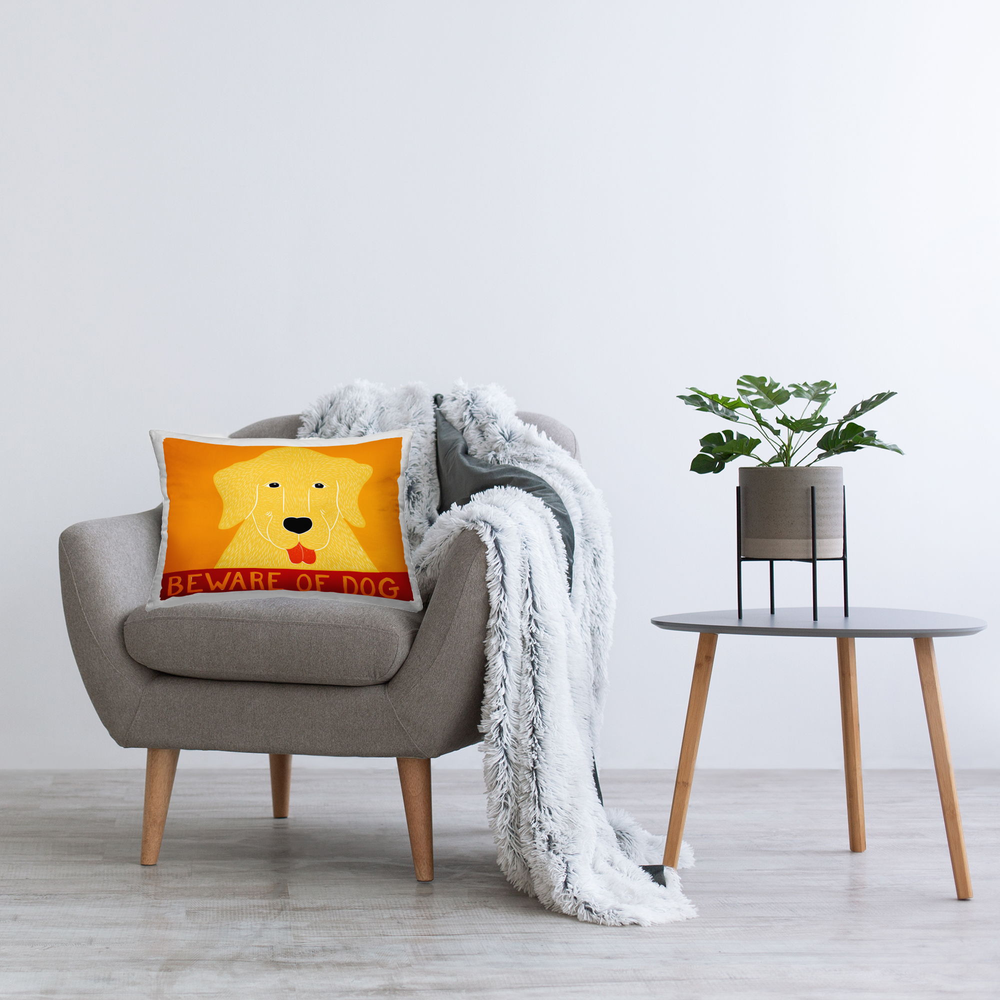 Stupell Industries Beware Of Dog Yellow & Red Decorative Printed Throw Pillow, design by Stephen Huneck