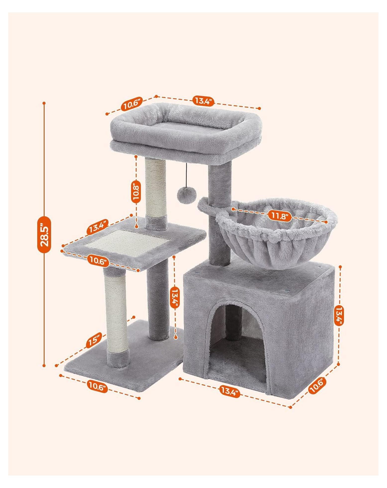 Small Cat Tree 28.5'', Cat Tower for Indoor Cats, 2 Styles Activity Center with Scratching Posts, Hammock & Perch - Grey