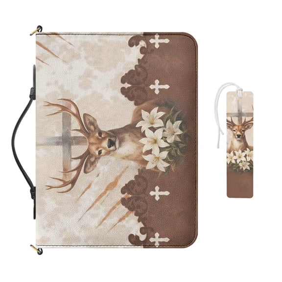 Kuiaobaty Lily Deer Cross Print Bible Cover Case for Women Leather Bible Carrying Cases with Handle and Strap Portable Church Bag Scripture Case with Bookmark Gifts for Christian, Beige