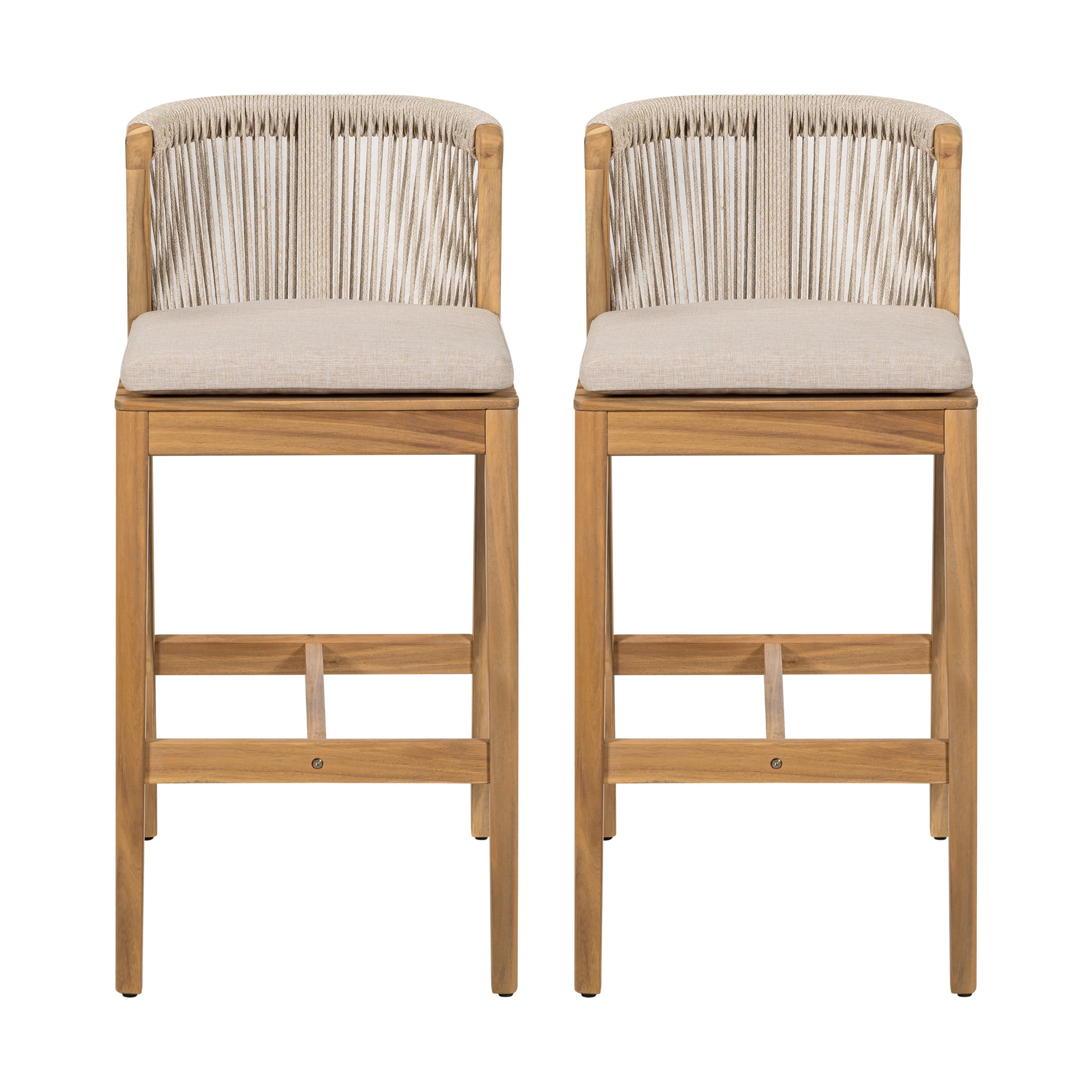 Christopher Knight Home 28" Outdoor Wood Bar Stool with Woven Rope Backrest and Removable Cushion, Beige