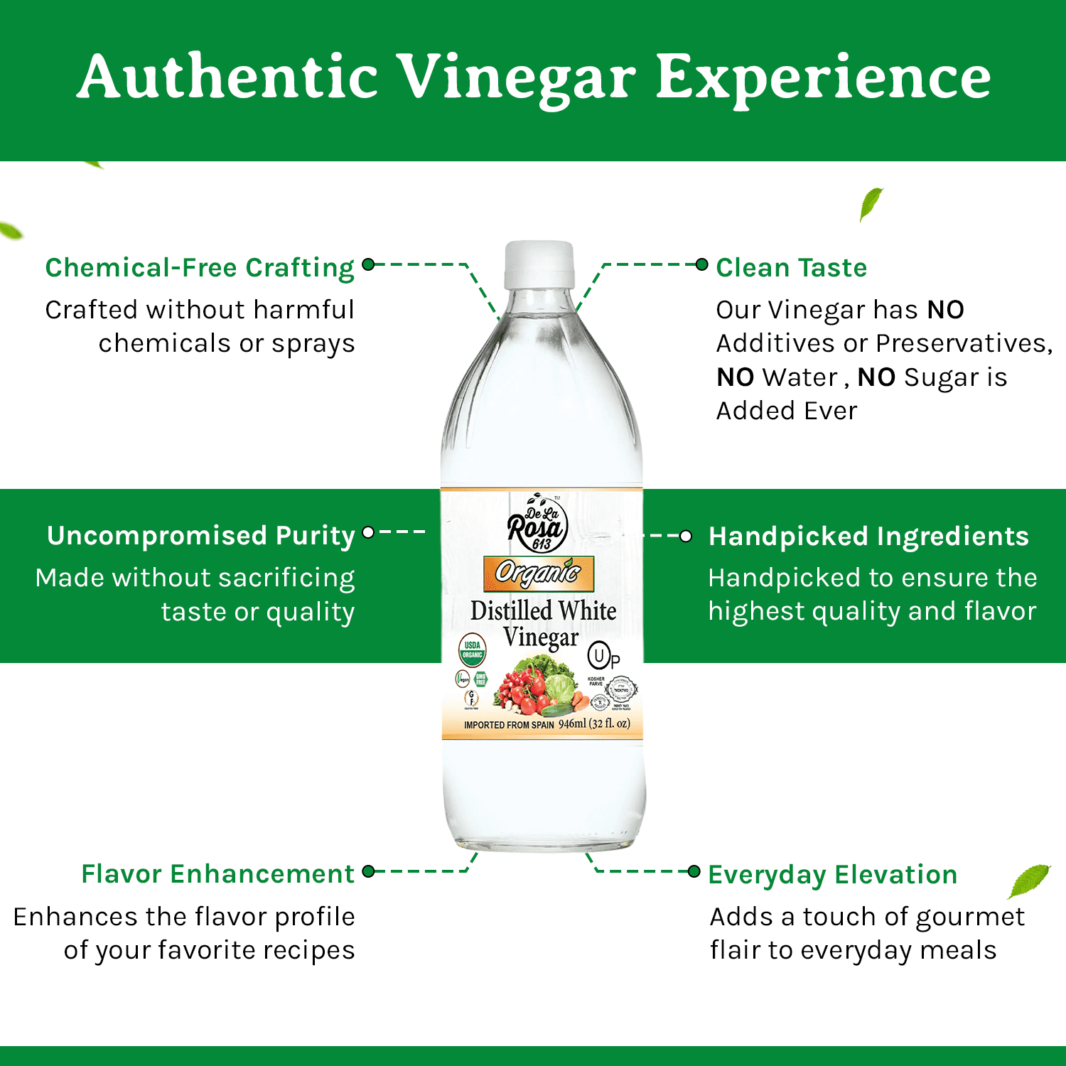 De La Rosa 613 Organic Distilled White Vinegar, 32 Oz (Pack of 2)