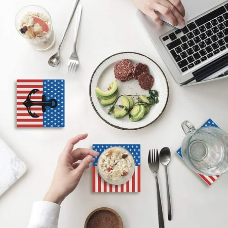

KXMDXA American Flag Black Anchor Set of 4 Coaster for Drinks Absorbent Ceramic Stone Coasters Cup Mat with Cork Base for Home Kitchen Room Coffee Table Bar Decor
