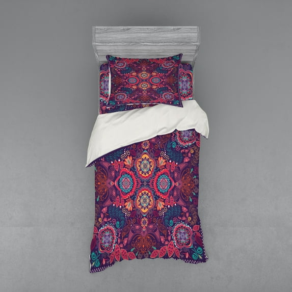 Paisley Duvet Cover Set, Modern Classic Design with Dots Leaves and Flowers Print, Bedding Set with Shams and Fitted Sheet, 3 Sizes, by Ambesonne
