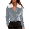 thumbnail image 2 of Women's Color Block Plush Collar Sweatshirt, Oversized Fleece Round Neck Top, Soft Long Sleeve Pullover, No Hood Casual Blouse, Fall Winter Fashion Plush Lined Shirt Grey M, 2 of 4