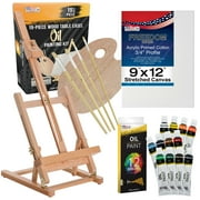 U.S. Art Supply 19-Piece Artist Oil Painting Set with Wooden H-Frame Studio Easel, 12 Vivid Oil Paint Colors, Stretched Canvas, 4 Brushes, Wood Palette - Kids, School, Students, Adults, Starter Kit