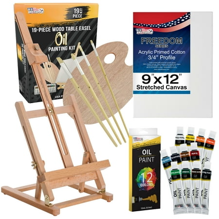 U.S. Art Supply 19-Piece Artist Oil Painting Set with Wooden H-Frame Studio Easel, 12 Vivid Oil Paint Colors, Stretched Canvas, 4 Brushes, Wood Palette - Kids, School, Students, Adults, Starter Kit