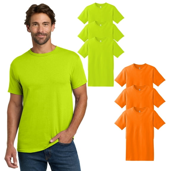 Hanes High Visibility Work Safety T-Shirt for Men, Short Sleeve, Orange and Green, S-5XL, 6-Pack