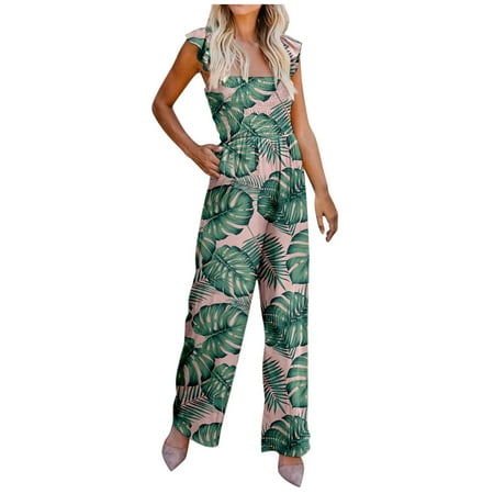 

KEJIG Jogger Scrub Pants For Women Womens Fashion Summer Print Pocket Casual Sleeveless Suspender Jumpsuit