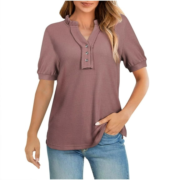Women's Summer Shirts Knit Short Sleeved Waffle Top Solid Color V-Neck Button Up Henley Shirt Women Casual Loose Daily Basic Blouses Pullover Top Purple L