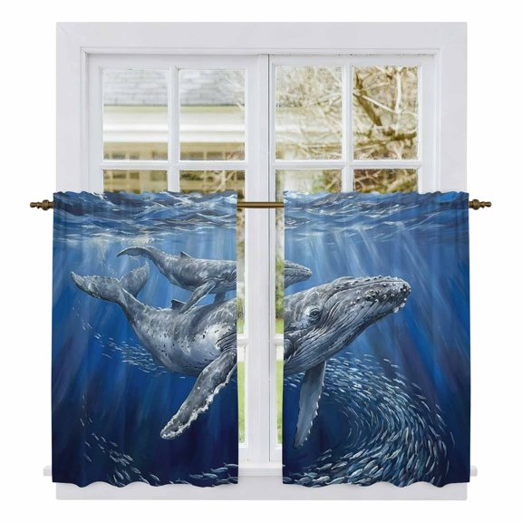 Humpback Whales Kitchen Curtains 54 Inch Length, Coastal Deep Sea Nautical Fishes Tiers Curtains for Bathroom Bedroom Cafe, Light Filtering Small Window Treatment Short Drapes 2 Panels 42"Wx54"L