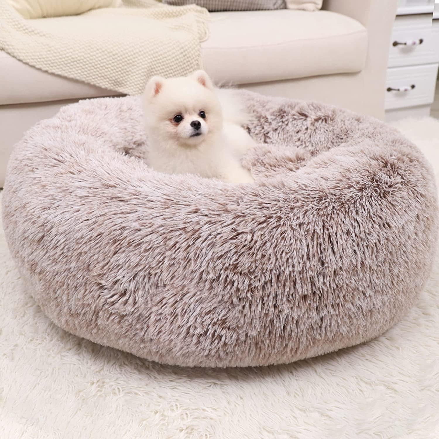 Dookuu Calming Dog Bed For Small Dog Bed Comfy Self Warming Round Dog Cat Bed With Fluffy Faux Fur For Anti Anxiety And Cozy 20x20 Inch Khaki