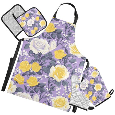 Ryvnso Vintage Roses Flowers-i8 Kitchen Apron Oven Mitts Set Pot Holders