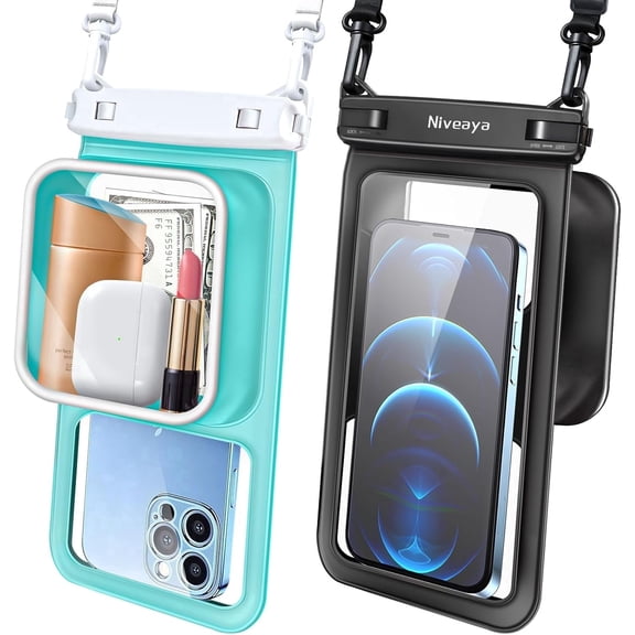 TJS [2 Pack] Up to 8.5" Floating IPX8 Waterproof Phone Pouch Bag with Adjustable Lanyard, Large Space Cellphone Dry Bag Case for iPhone 16 15 Pro Max 14 Pro Galaxy S23 Ultra S22 Series (Black Green)