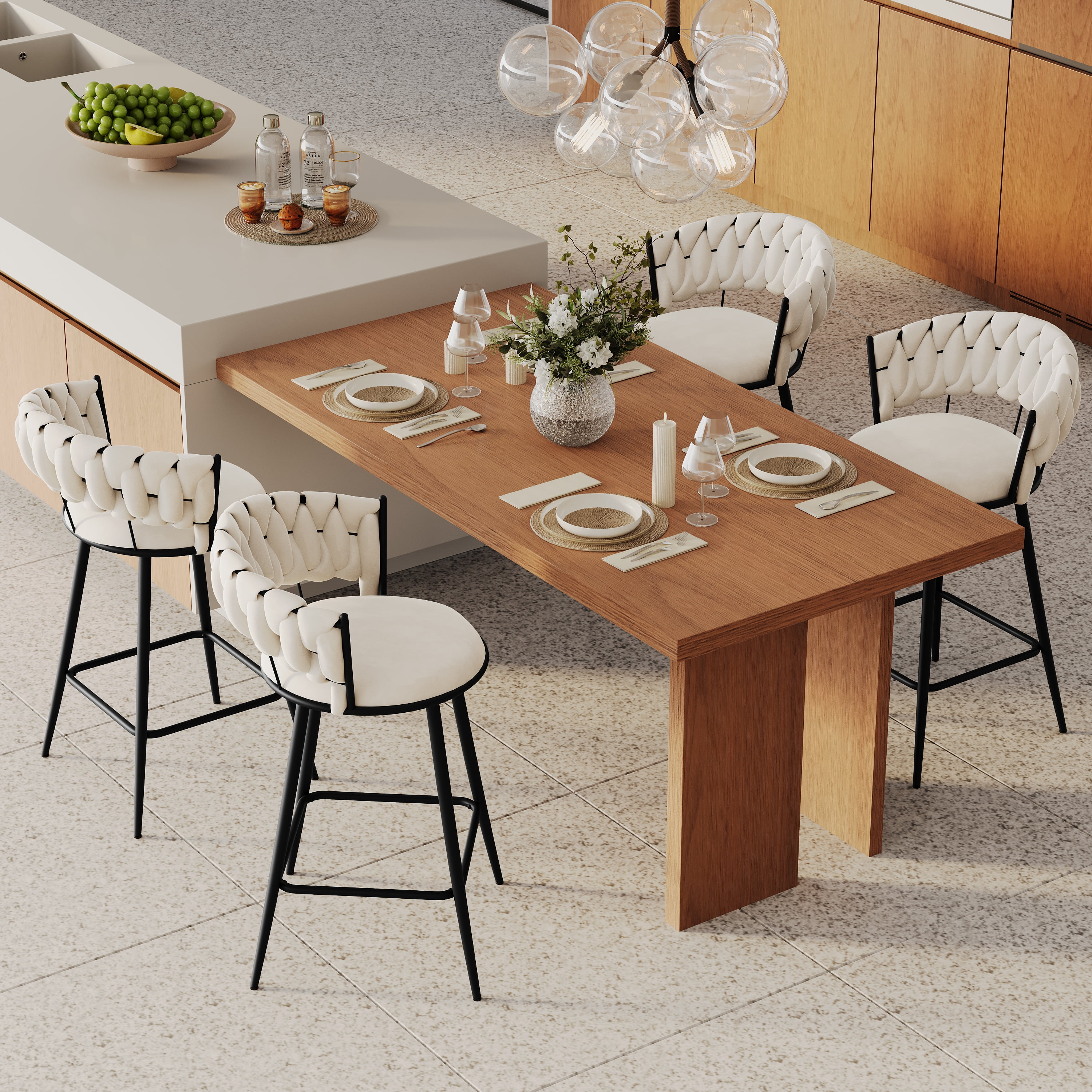 Andeworld 24'' Barstools set of 4, Modern Velvet Bar Stools with Woven Back, Counter Height Barstools with Upholstered Seating, Square Footrest, Ivory