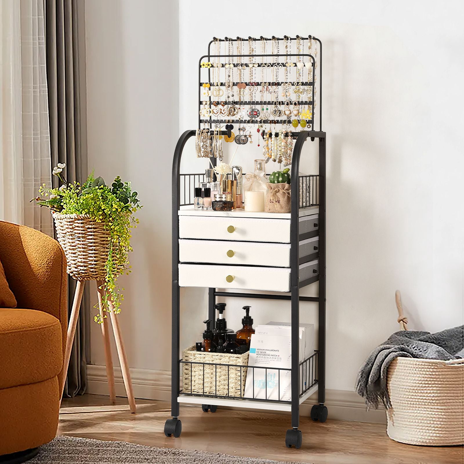 Olakee Large Jewelry Organizer Stand with 3 Drawers — for Necklace, Earring, Ring, Bracelet, Girls & Women, Modern, Black