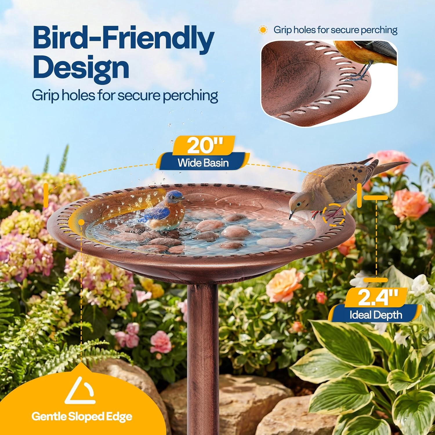 SPECSTAR Bird Bath, 28 inch Height Polyresin Lightweight Antique Outdoor Garden Birdbath Bronze
