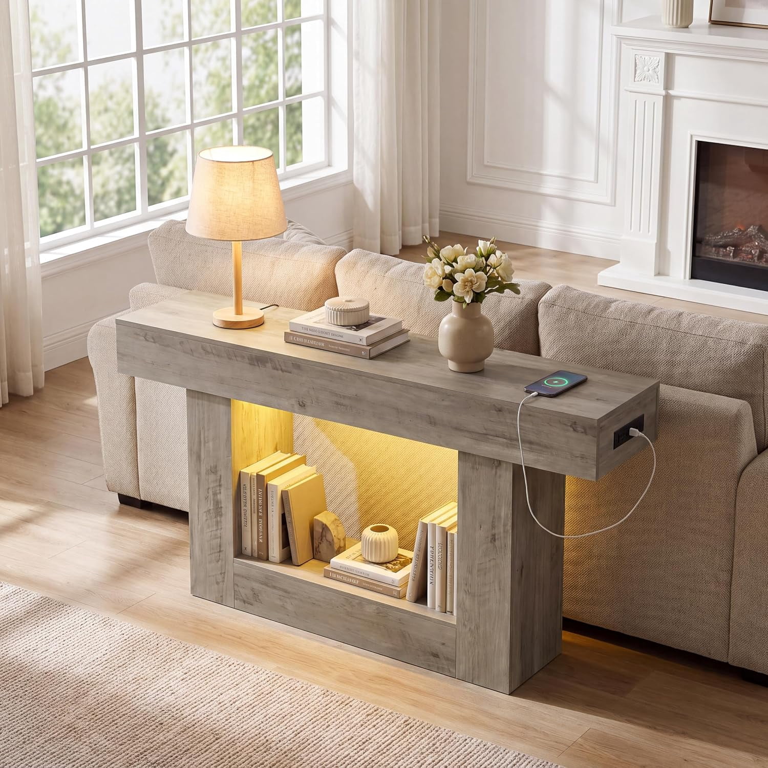 55” Entryway Table with Charging Station & LED Light, Narrow Sofa Table for Hallway Living Room, Modern Farmhouse Console Table with Storage Shelf, Gray