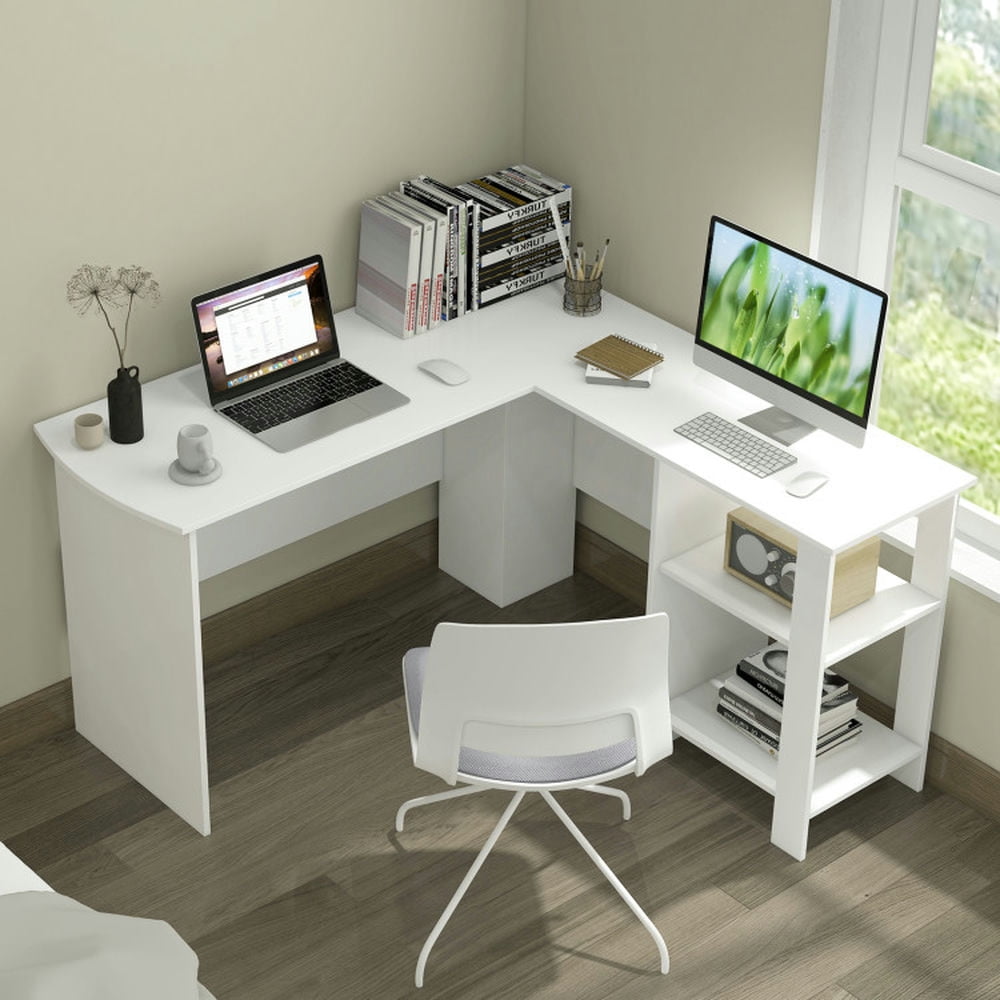 Demi Bonn Large Modern L-shaped Computer Desk with 2 Cable Holes and 2 Storage Shelves, Small Home Office Desk Study Writing Table, White