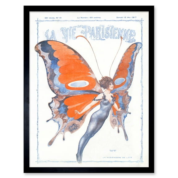 Vintage French Fashion La Vie Parisienne Summer Butterfly Magazine Cover Art Print Framed Poster Wall Decor 12x16 inch