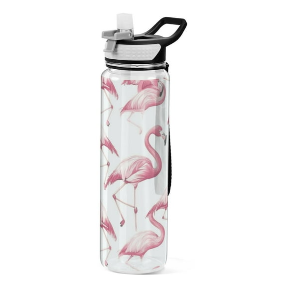 32oz Transparent Sports Water Bottle with Straw for Kids Adults Outdoor School Gym Fitness Pink Flamingos Pattern