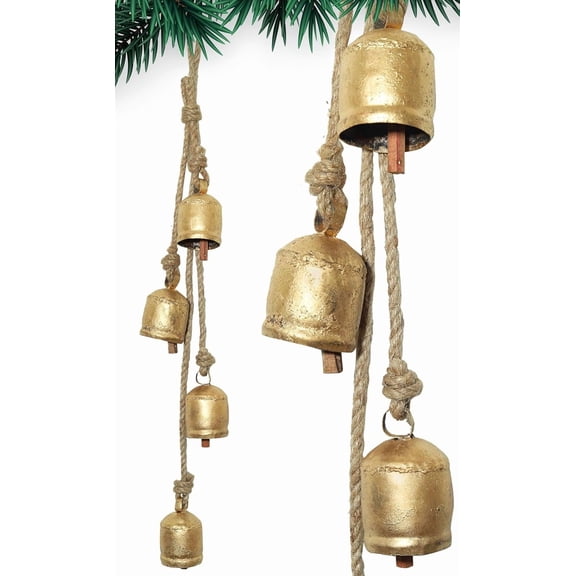 HIGHBIX Hanging 4-Bell Cluster on Jute Rope – Rustic Shabby Chic Decor, Handmade Metal Bells for Farmhouse, Garden, and Patio Accents