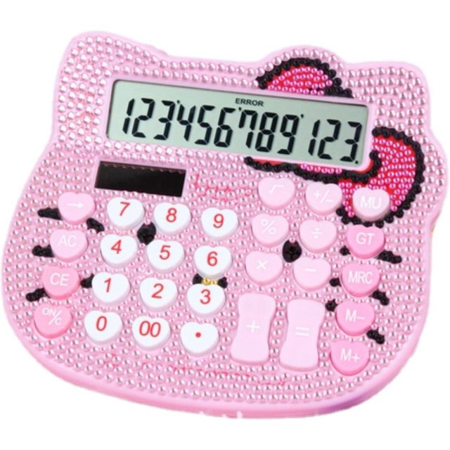Calculadora linda (rosa) con forma de gato de cristal para niñas y mujeres, pantalla LCD grande, discos duros duales con energía solar y batería para la escuela, la oficina y el hogar