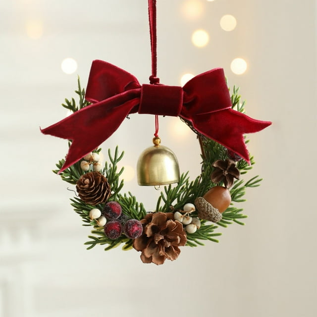 Adorno Navideño Colgante - Anillo de Flores con Lazo y Campanillas para Puerta | Anillo de Piñas y Enredaderas - Decoración de Pared - Plástico, Madera, Hierro, Tela - Multicolor - 1 Pieza - 12 X 5 X