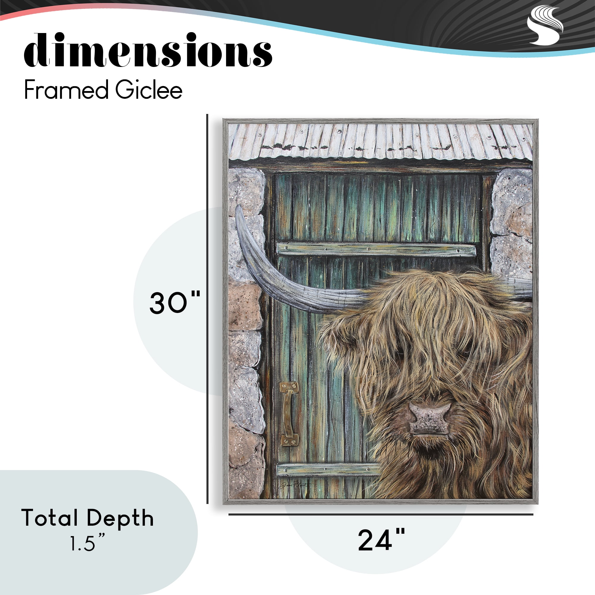 Highland Cow by Barn Door Gray Framed Giclee Art, design by Jean Plout
