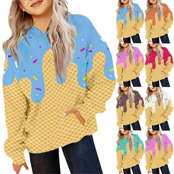 YUANxueke Boys & Girls Fleece Hoodies Ice-cream Printed Long Sleeve Hooded Sweatshirts Cute Comfy Tops with Pockets for 4-14 Years