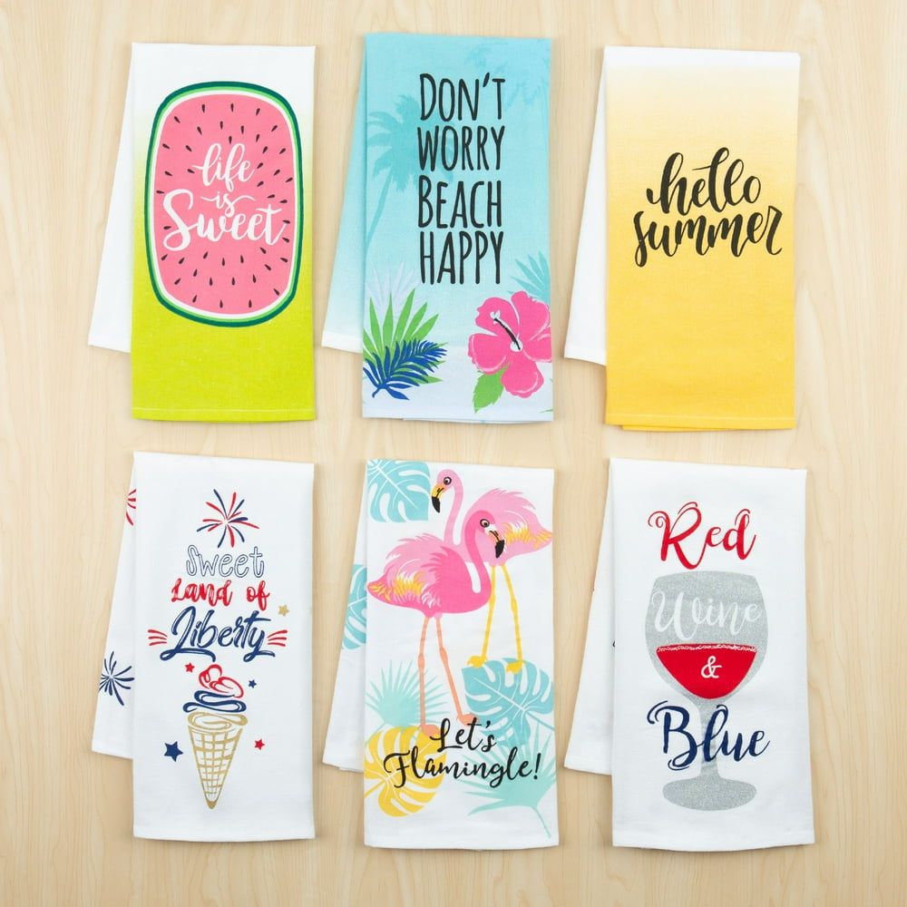 Mainstays, 6 Pack, Summer Kitchen Flour Sack Towels, Assorted Prints